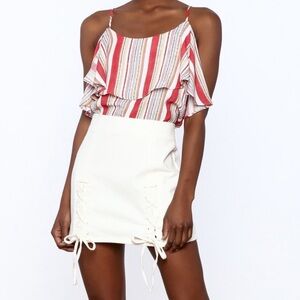 Honey Punch White Denim High-Waisted Mini Skirt w/ Two Front Ties